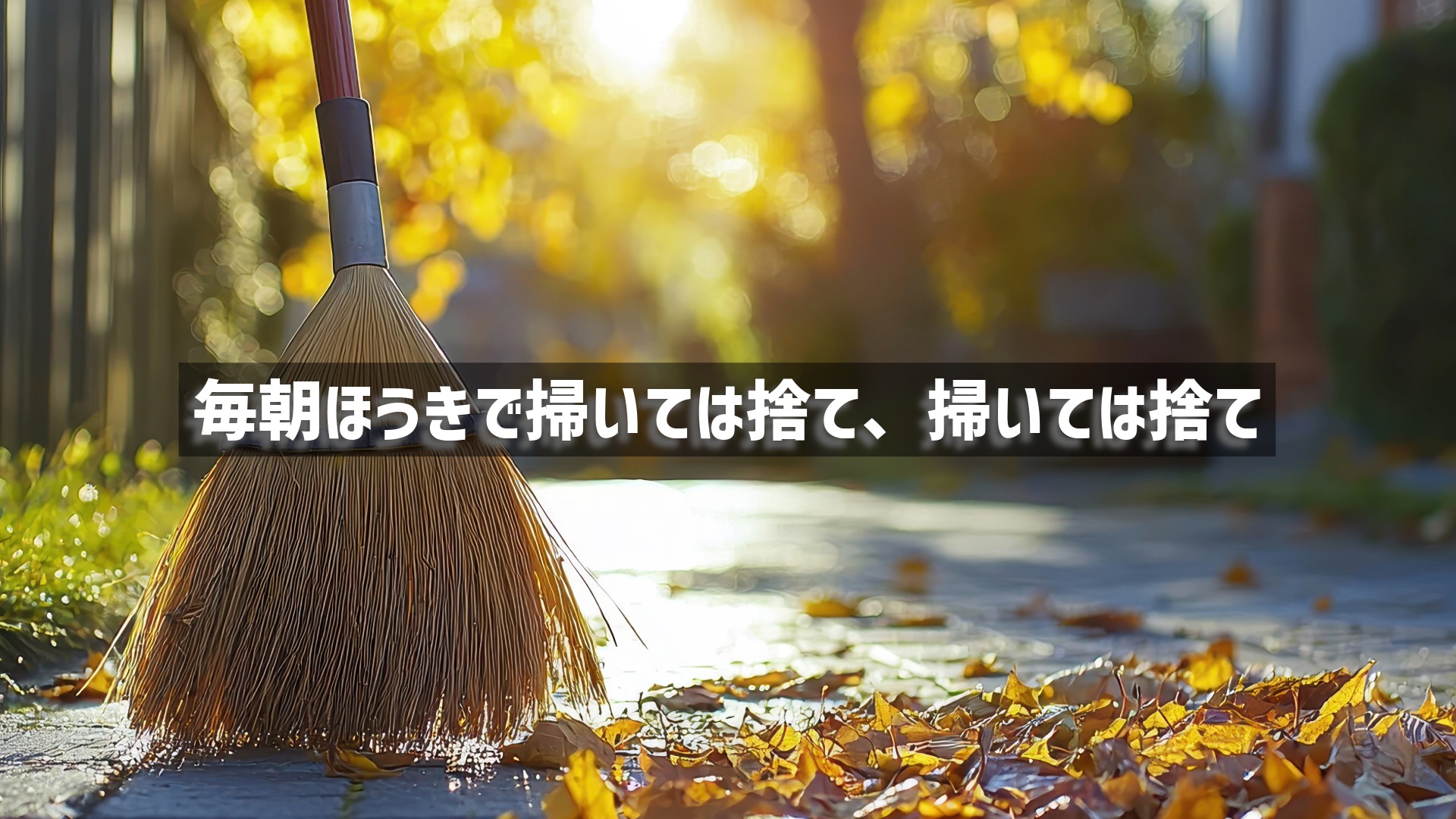 秋の陽射しが差し込む中、落ち葉で覆われた道に立てかけられたほうきの画像。「毎朝ほうきで掃いては捨て、掃いては捨て」という、繰り返される作業を表すテキストが重ねられています。 