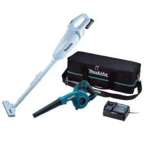 マキタの充電式クリーナーと充電式ブロワのセット。白のスティック型クリーナー、ティール（青緑色）のブロワ、充電器、黒のツールバッグがひとつのセットになっています。