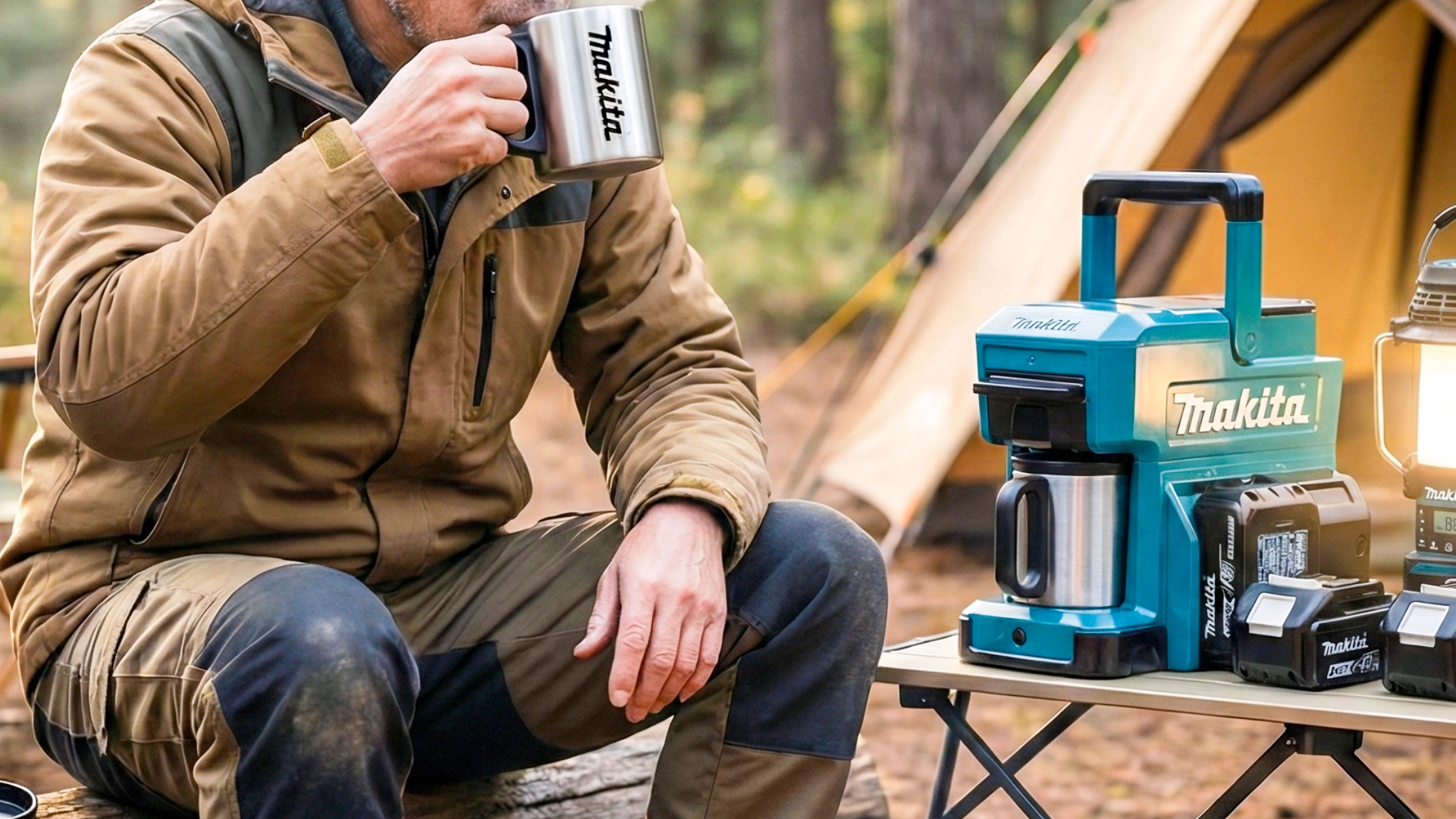 キャンプなどのアウトドアシーンで活躍するマキタ充電式コーヒーメーカーと、純正ロゴ入りマグカップでコーヒーを楽しむ男性